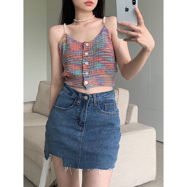 Áo 2 dây ngoc trai, áo len croptop, áo 2 dây dệt kim phong cách hàn Quốc AD02