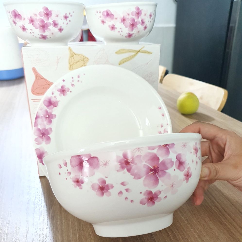 [HCM]BỘ 4 MÓN BÀN ĂN BẰNG SỨ CAO CẤP IN HOA  : 1 DĨA. 1 TÔ+ 2 CHÉN