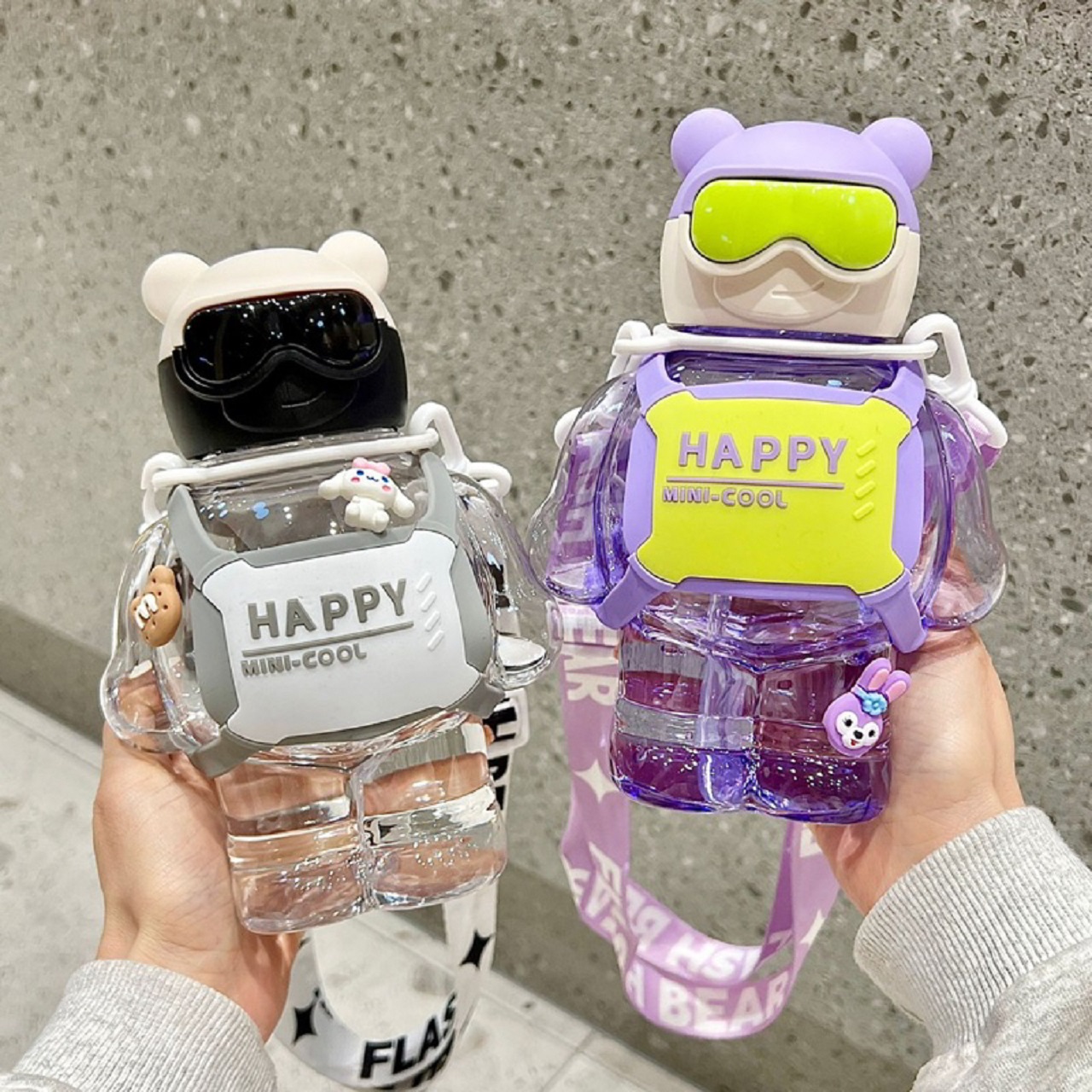 Bình nước happy cool 800ml có ống hút dây đeo