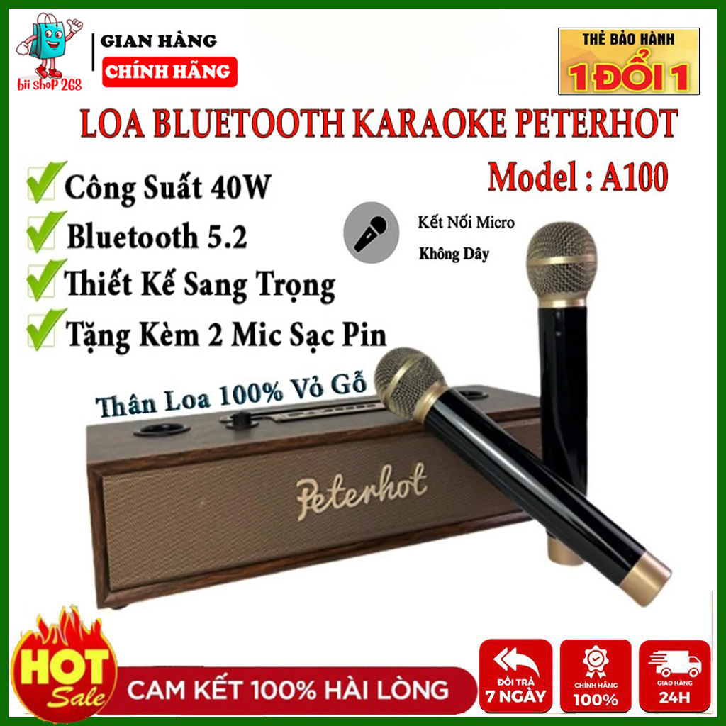 Loa Karaoke Gia Đình - Loa Bluetooth Karaoke PeterHot A100 Tặng Kèm 2 Mic Sạc Pin Siêu Xịn, Thiết Kế Vỏ Gỗ Sang Trọng, Bluetooth 5.2, Âm Thanh Siêu Đỉnh, Loa Hát Karaoke, Loa Vỏ Gỗ, Loa Karaoke Ngang, Loa Kẹo Kéo, Loa Kéo Bluetooth