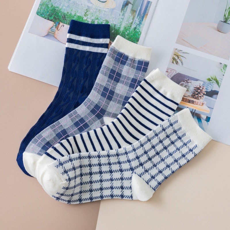TL05. Tất vớ nữ cotton caro sọc tông xanh blue lẻ