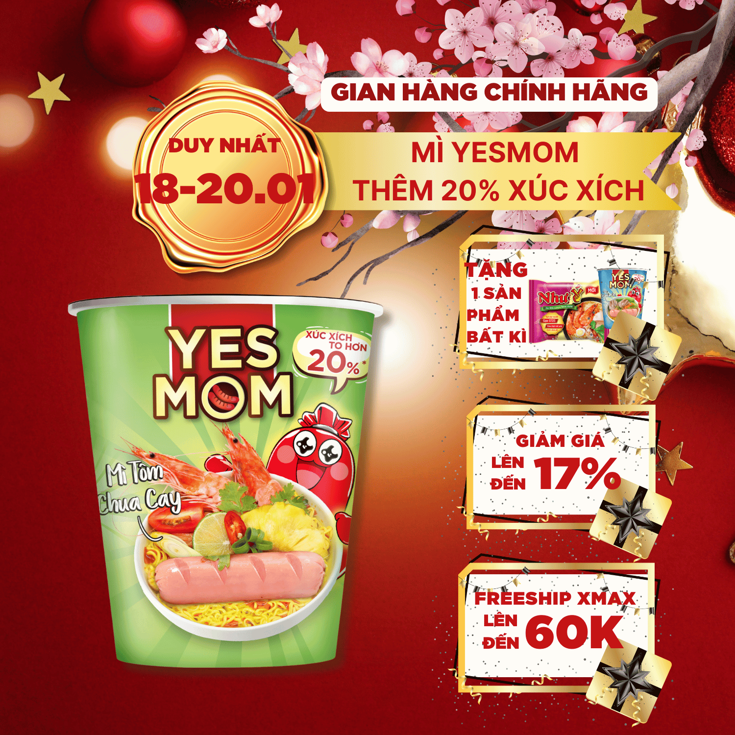 Thêm 20% Xúc Xích - Thùng 24 ly mì Yes Mom Tôm Chua Cay 79.2gr/ ly