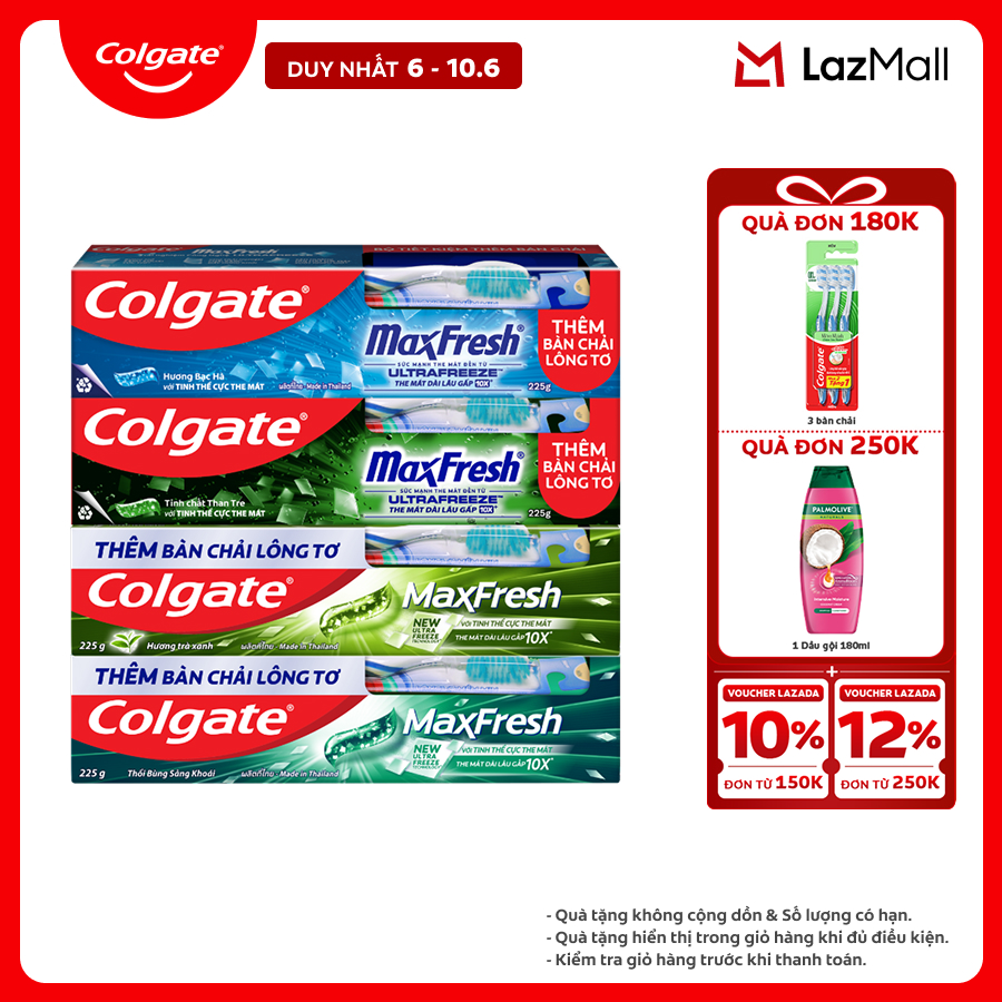 [Chỉ 6-10.6_Voucher 12%] Bộ sưu tập 4 kem đánh răng Colgate Maxfresh 225g (Tặng bàn chải lông tơ)