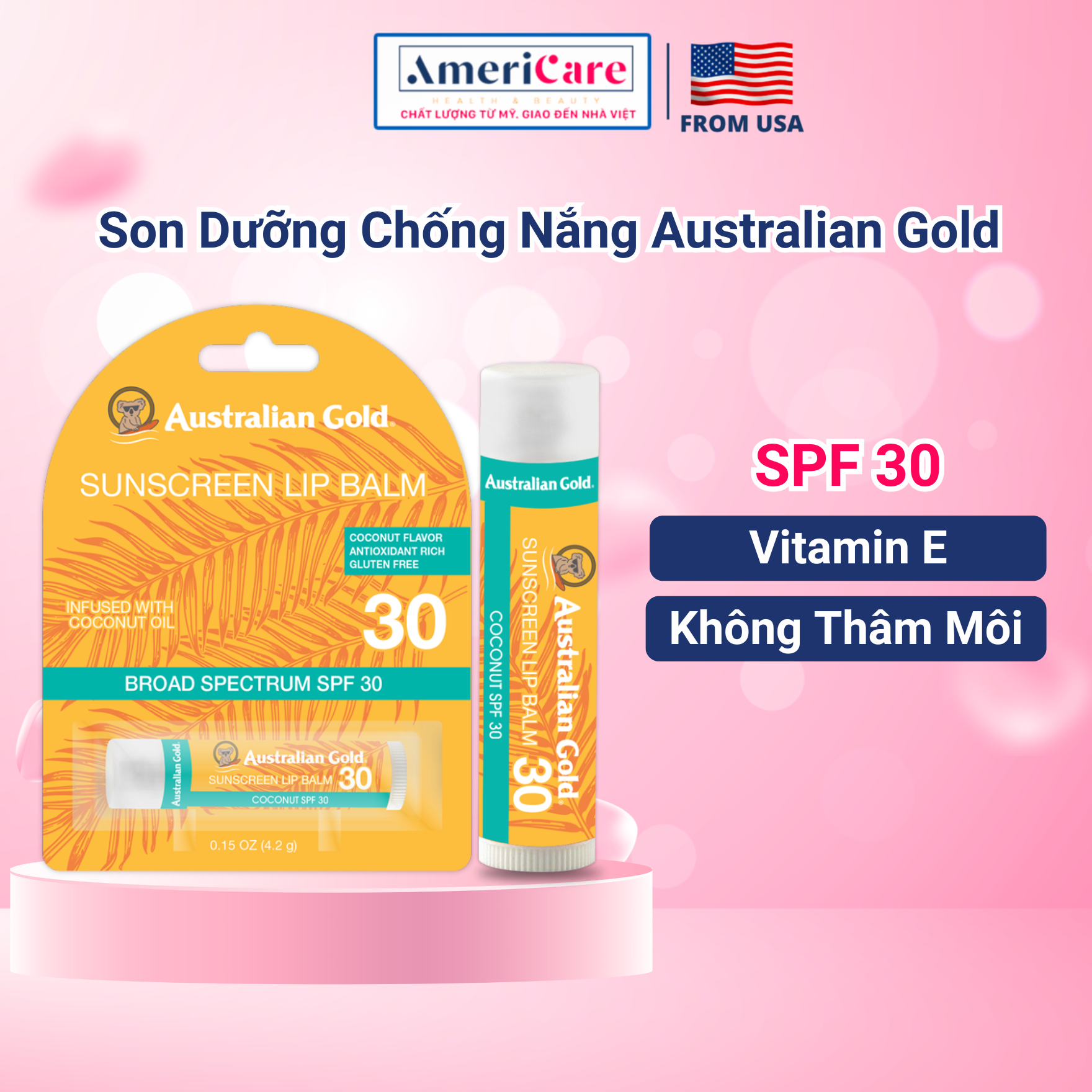 Mẫu mới - son dưỡng môi australian gold americarevn chống nắng spf 30, chống thâm môi, mùi dừa