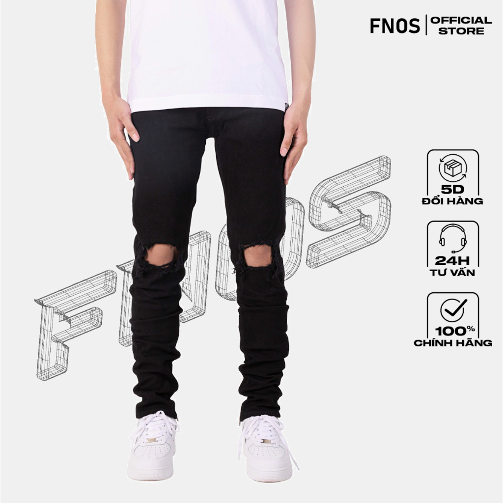 Quần Skinny Jeans Nam FNOS Streetwear Màu Đen Rách Gối Có Zip Z9