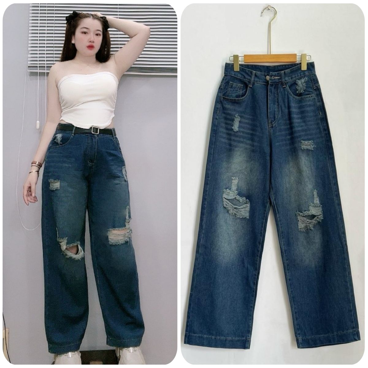 Quần jean xuông rách Bigsize Nữ xanh navy chất vải dày dặn thời trang hách dáng năng động dễ phối đồ 60-95kg- Q503