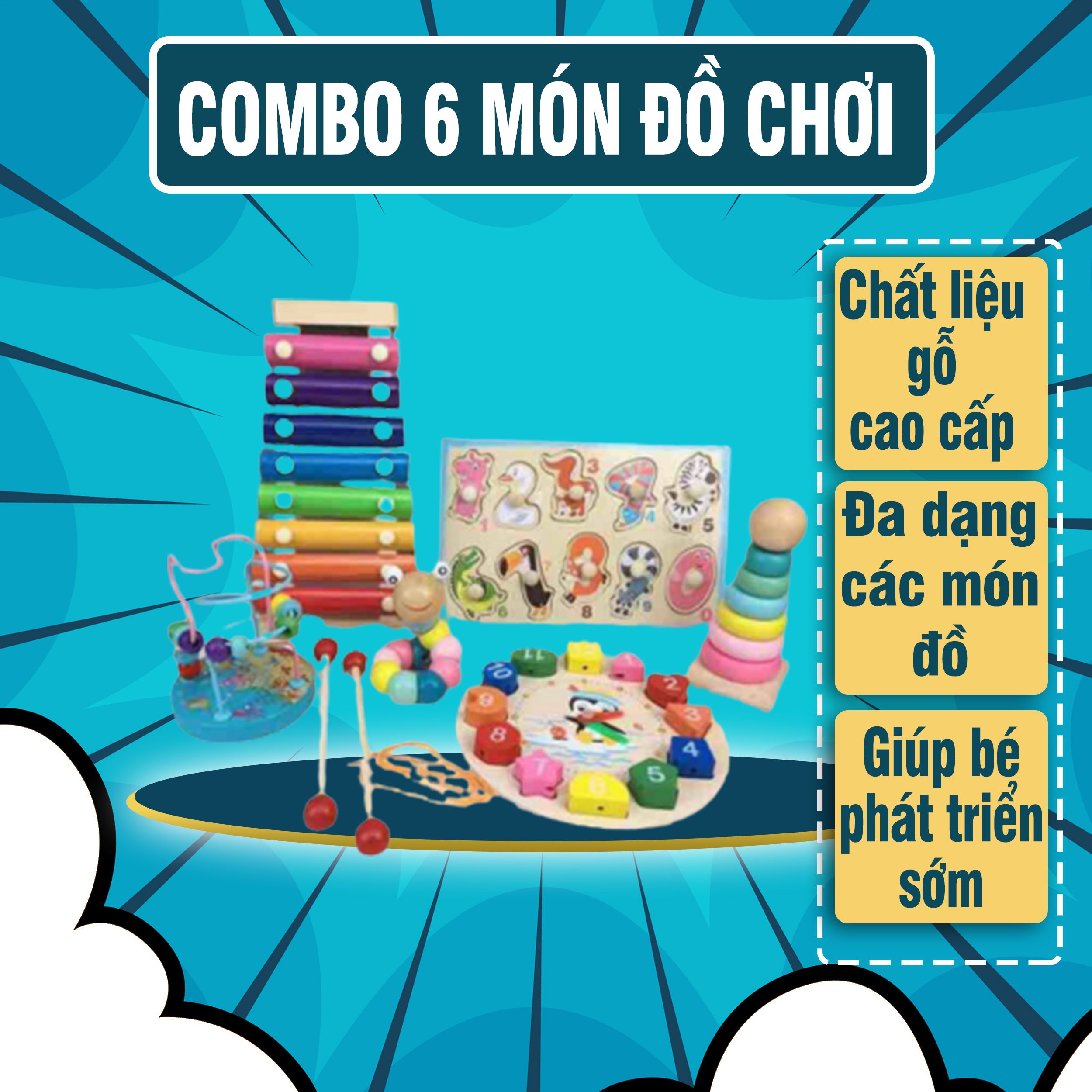 Bộ đồ chơi gỗ thông minh cho bé - 6 món, Combo đồ chơi phát triển trí tuệ cho trẻ, Chất liệu gỗ an toàn - Đồ chơi gỗ thông minh, Đồ chơi cho bé, Đồ chơi phát triển sớm, Đồ chơi giá rẻ, Đồ chơi kĩ năng - Luna Baby