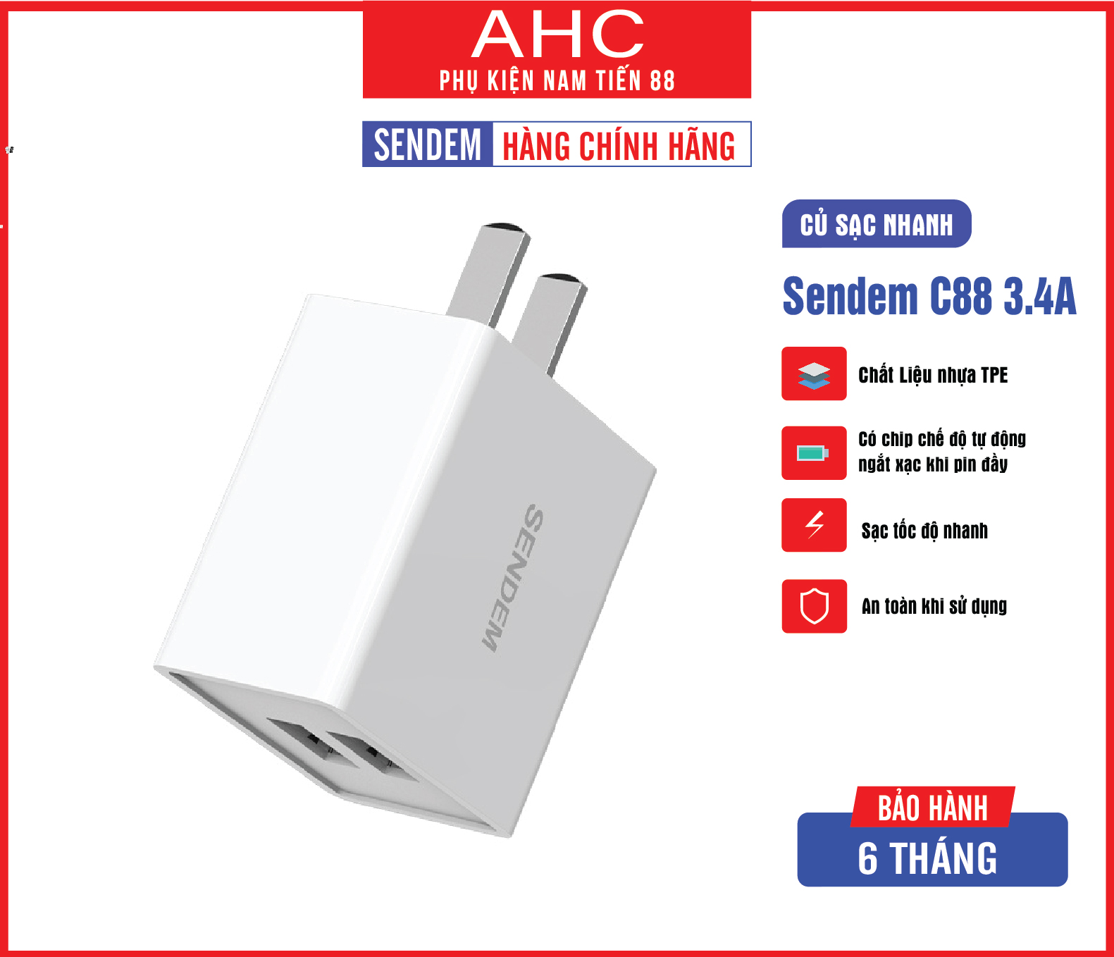 Củ sạc nhanh 2 cổng chính hãng Sendem C88