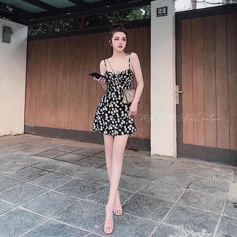 Đầm cúc họa mi 2 dây