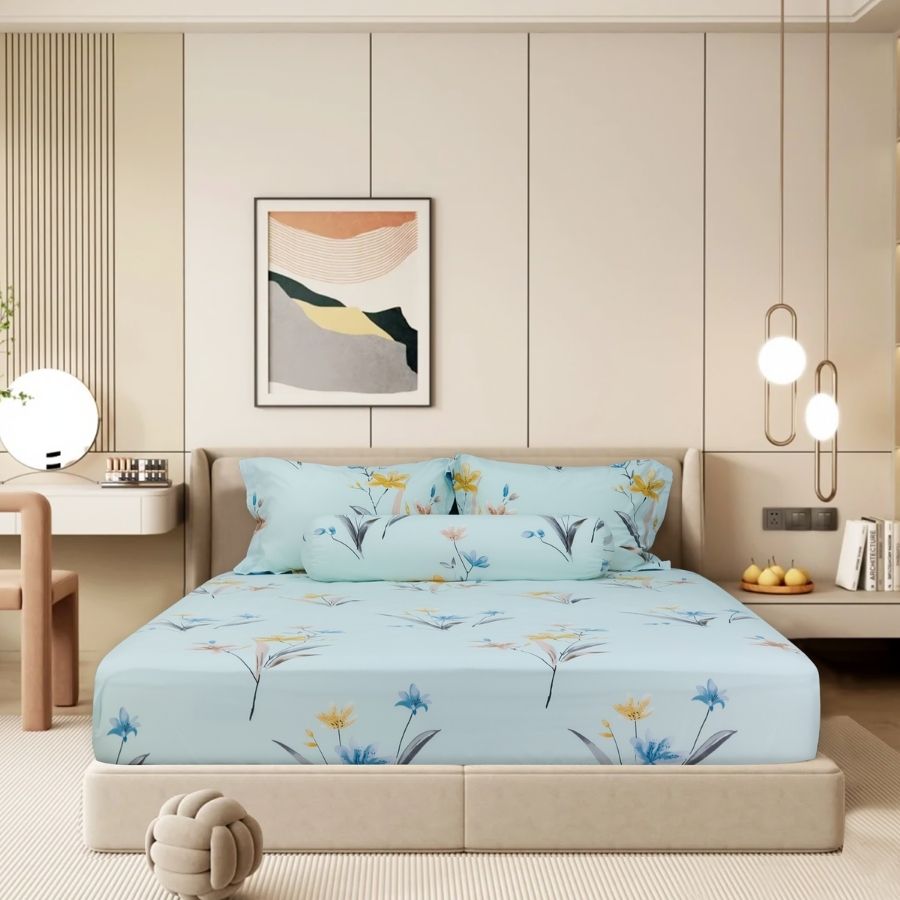 Bộ ga giường, áo gối Stefani ST200051 - Bộ drap nệm cotton 1m2, 1m4, 1m6, 1m8 x dài 2m bọc chun (Không kèm mền)