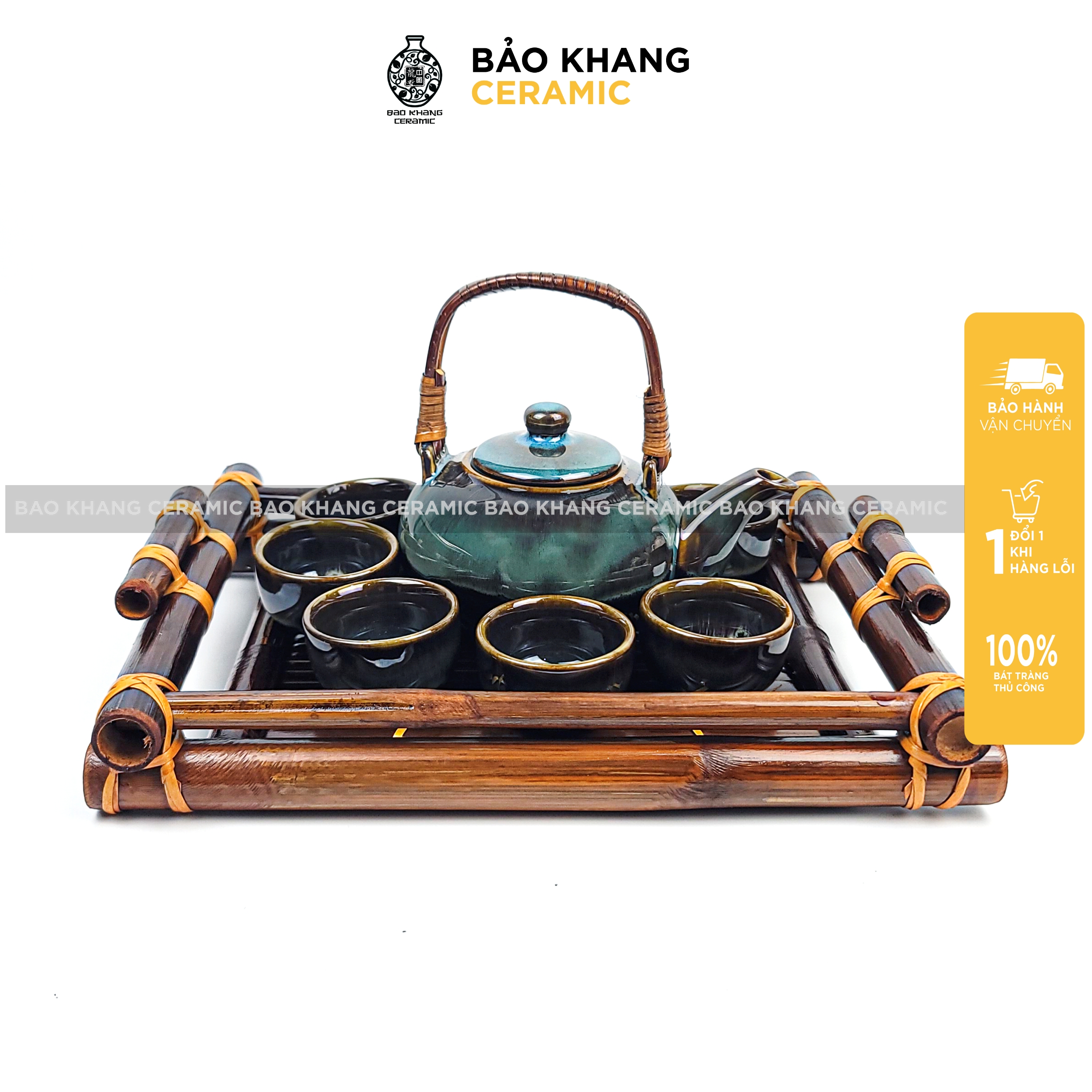 Bộ ấm chén trà bát tràng kèm khay mây cao cấp men hoả biến 350ml mẫu quai mây