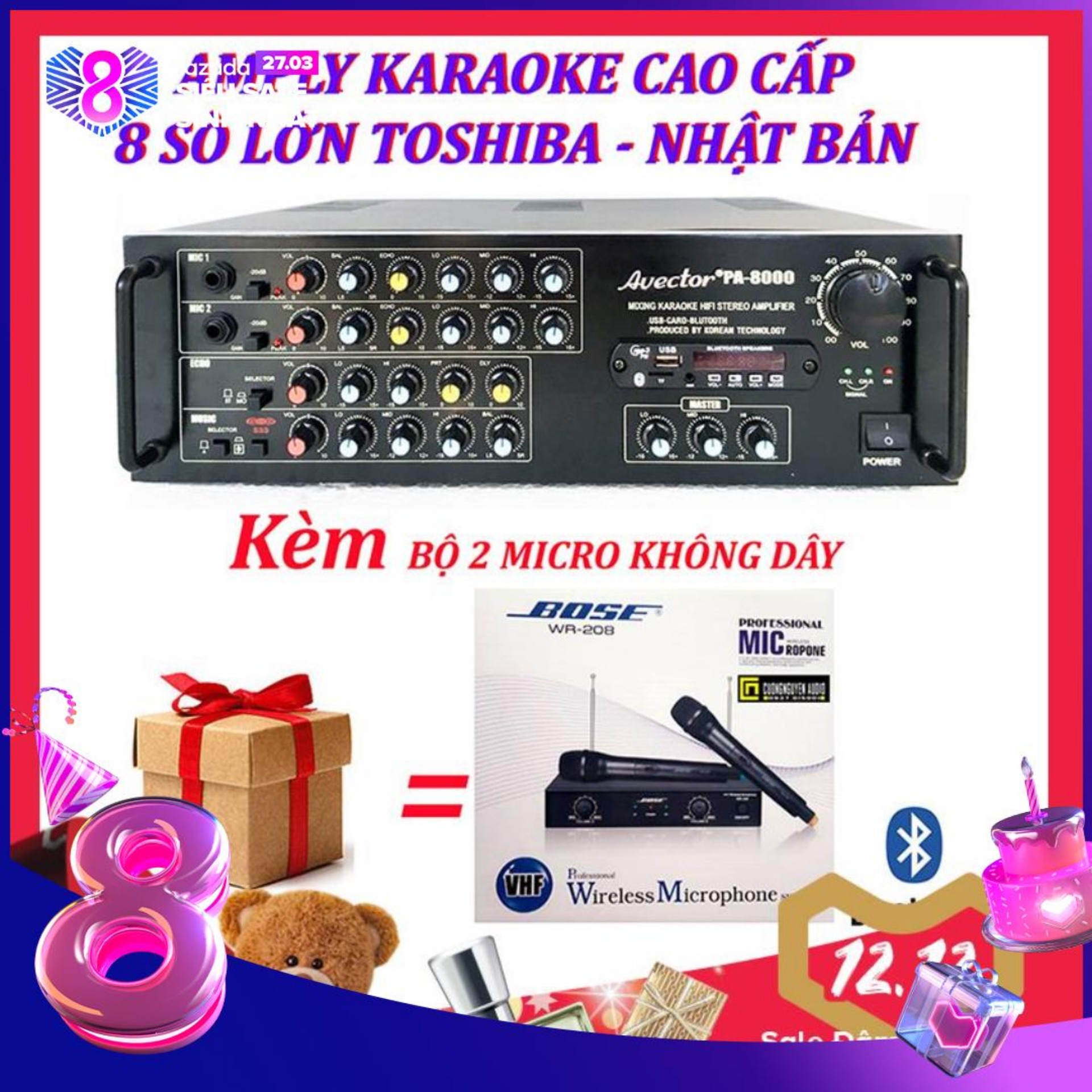 Amply karaoke ampli karaoke amply bluetooth nghe nhạc amply hat karaoke AVECTOR 8000 kèm 2 micro không dây bs208