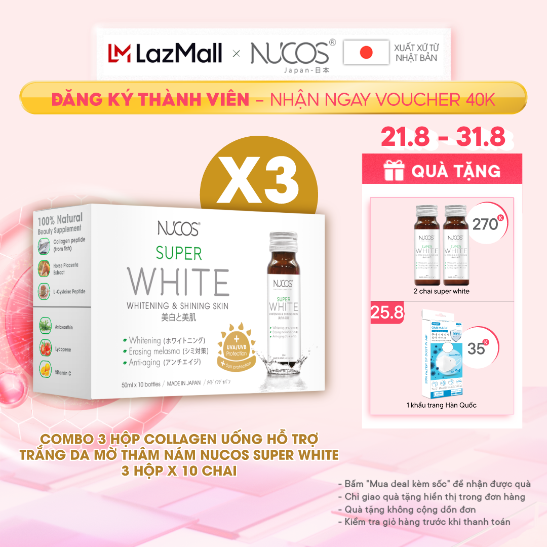 Combo 3 Hộp Collagen uống trắng da mờ thâm nám Nucos Super White hộp 10 chai x 50ml