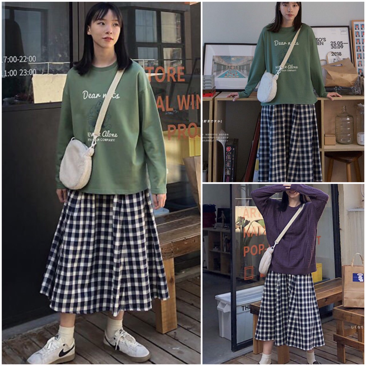 Chân Váy Dài Chất Vải Thô Dáng Suông Vintage Kẻ Ô Vuông Phong Cách Hàn Quốc CV21