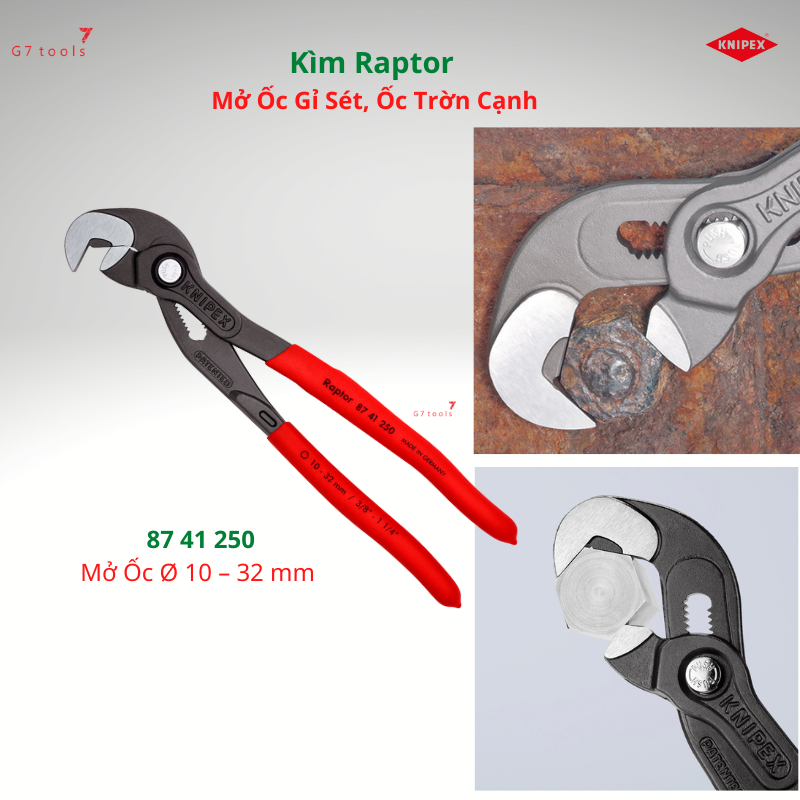 Kìm knipex raptor 87 41 250 multiple slip spanner dài 250mm mở ø 10 - 32 mm sản xuất tại đức