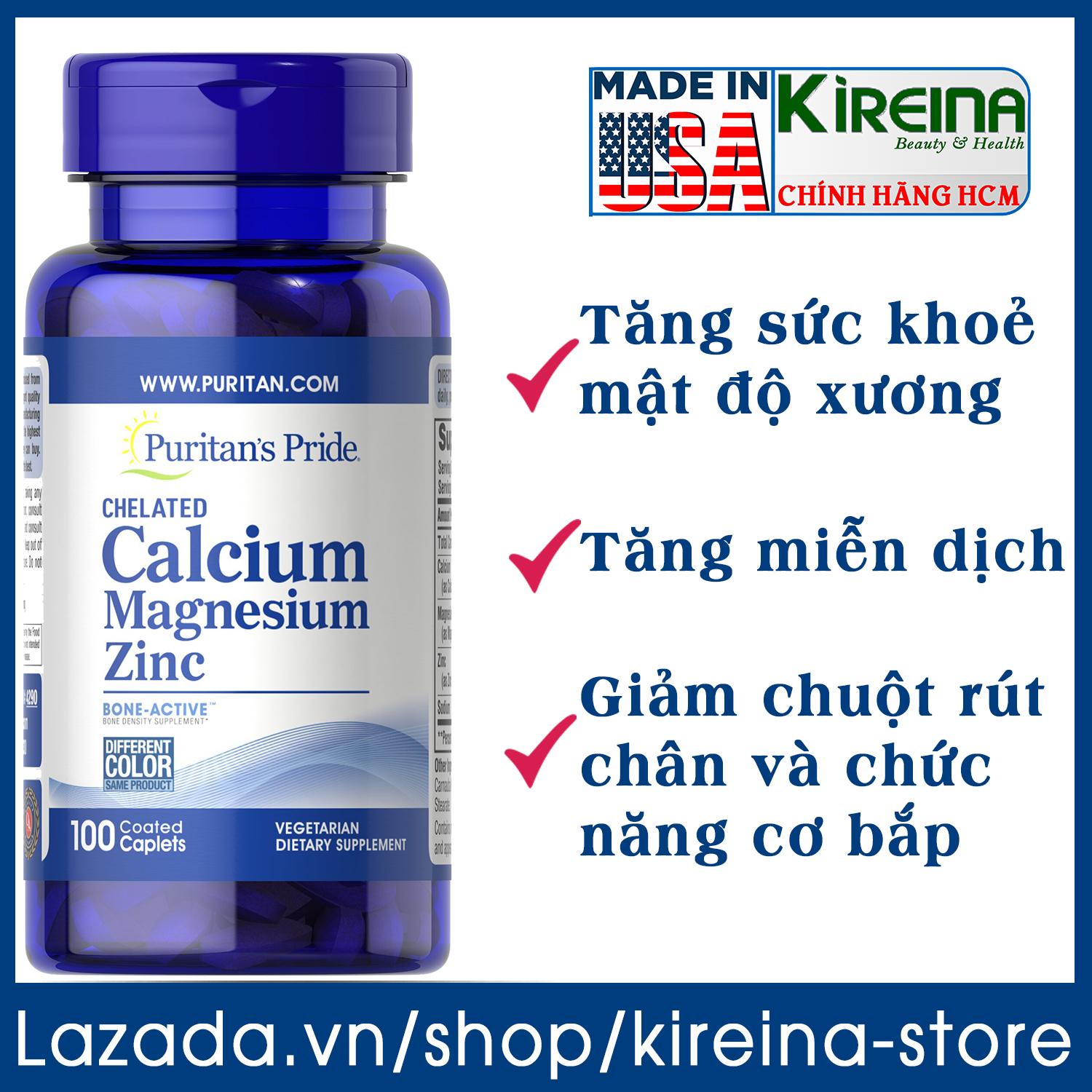 Viên uống Puritan s Pride Chelated Calcium Magnesium Zinc khoẻ xương cơ