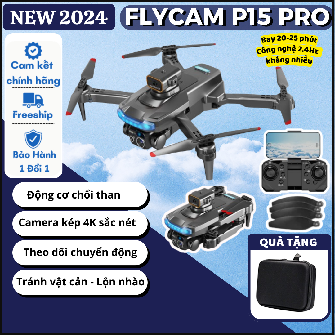 Máy Bay Camera P15 PRO-Flycam Điều Khiển Từ Xa Có Camera Tích Hợp Cảm Biến Chống Va Chạm, Flycam Min