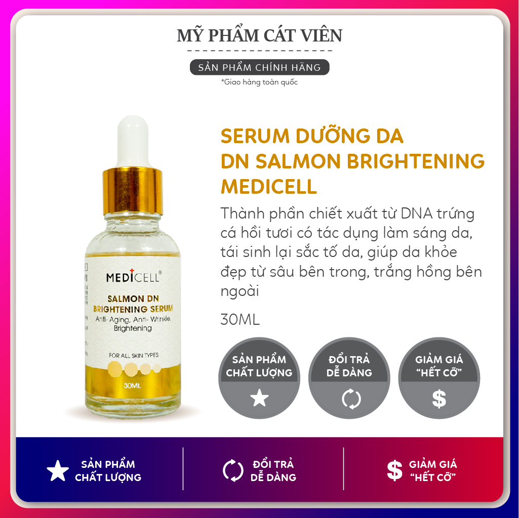 Serum cá hồi kiềm dầu Salmon DN Brightening Medicell, giảm mụn se khít lỗ chân lông, dưỡng trắng da mờ thâm mụn - lọ 30ml