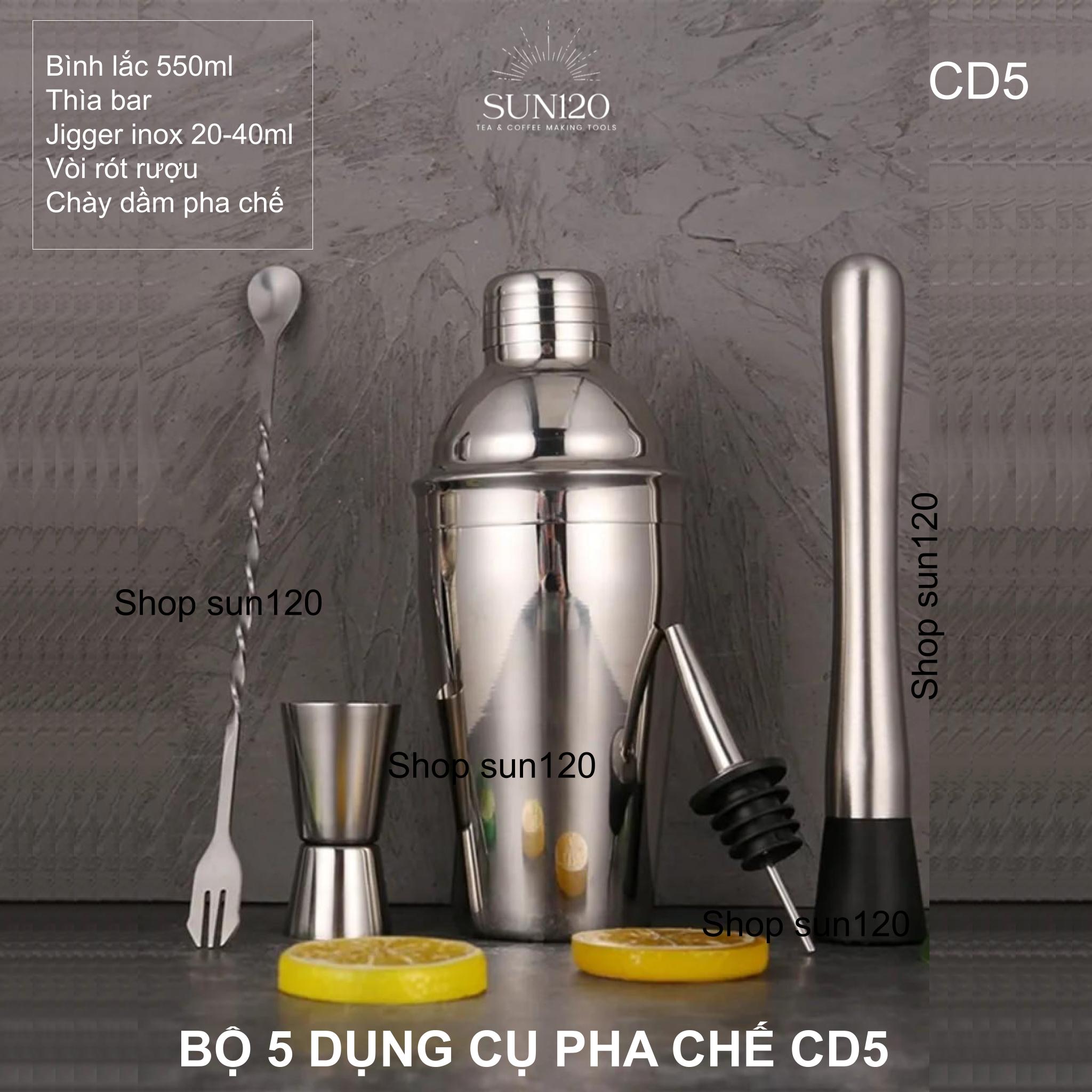 Bộ 5 dụng cụ pha chế inox CD5 pha chế cocktail trà sữa | cocktail shaker set 5 món định lượng quầy bar