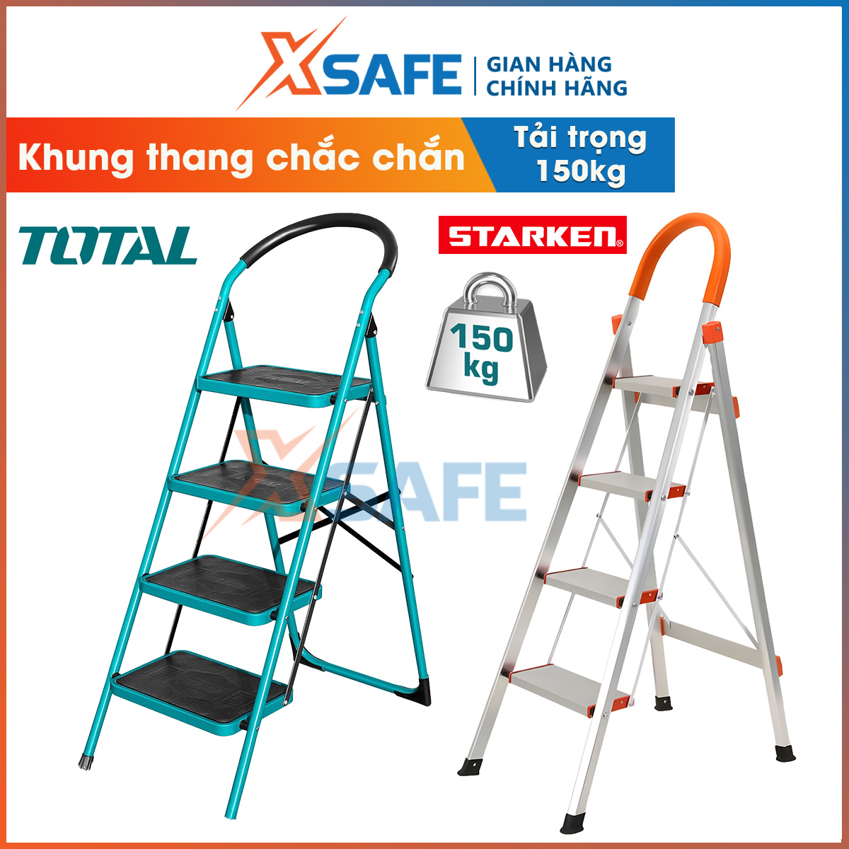 Thang xếp đa năng tải Total Straken thang gấp 3-4-5-6 bậc gia đình tải trọng 150kg bằng thép carbon dày, siêu bền bỉ thang ghế - chính hãng