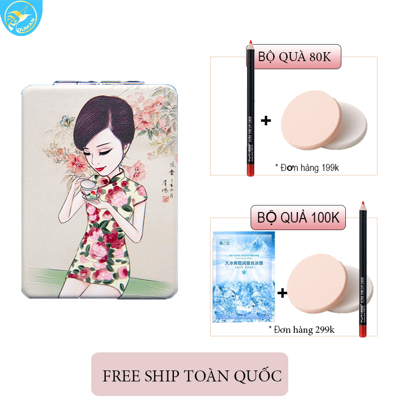 Gương trang điểm mini,cầm tay,gương 2 mặt vẽ tay thủ công,chất liệu da pu cao cấp