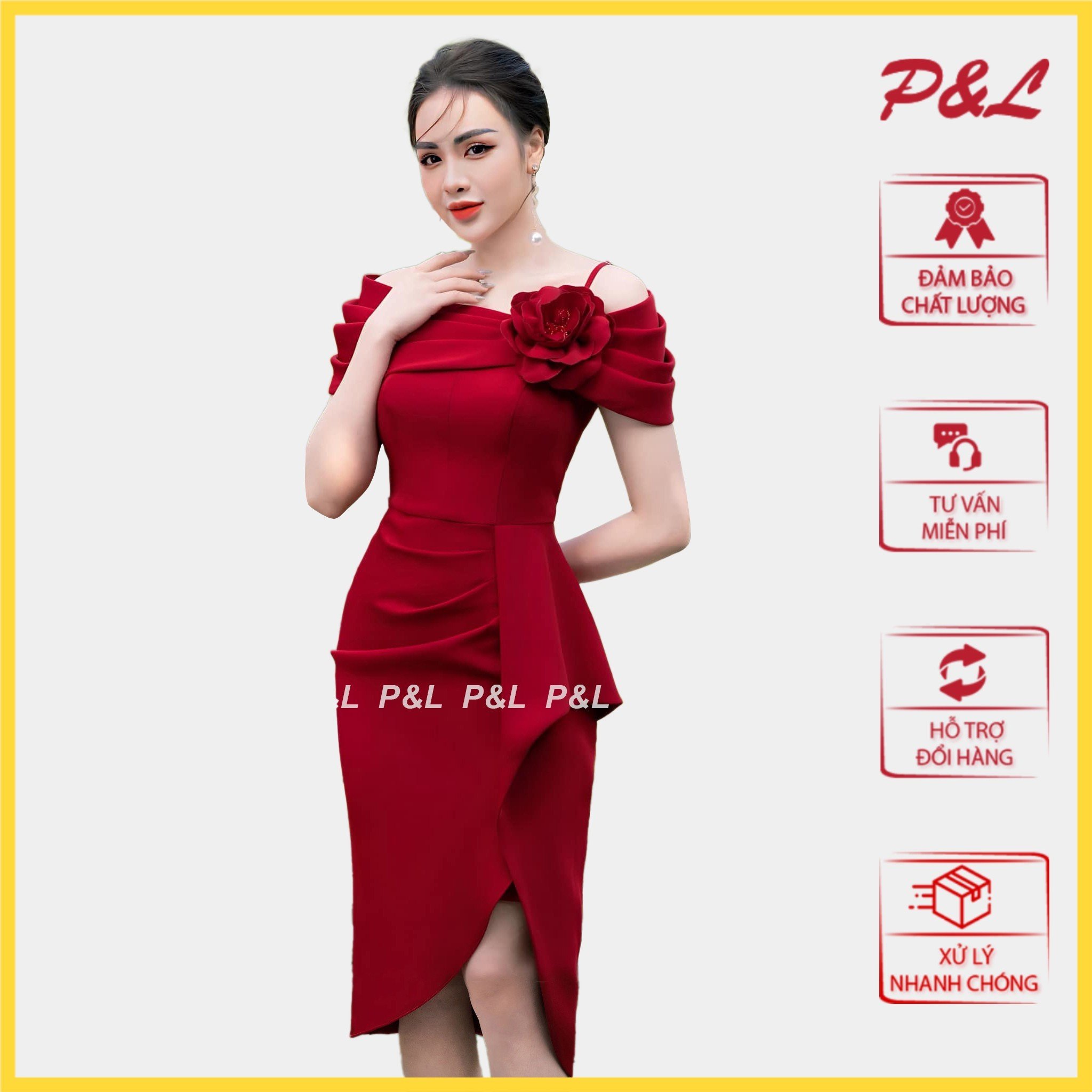 Váy đầm dự tiệc trung niên thiết kế cao cấp trễ vai bông ngực sang trọng pl03