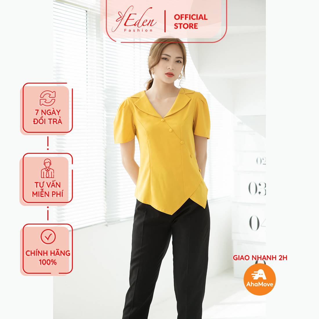 Áo kiểu nữ công sở thời trang Eden tà chéo phối nút tay ngắn - ASM166