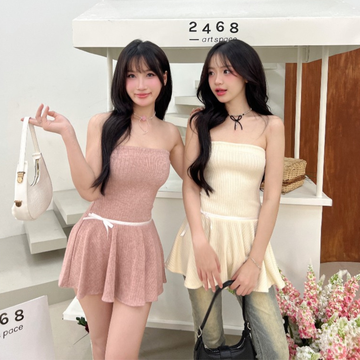 Đầm ngắn dáng xòe pinkstore29 kiểu eo đính nơ dễ thương d129