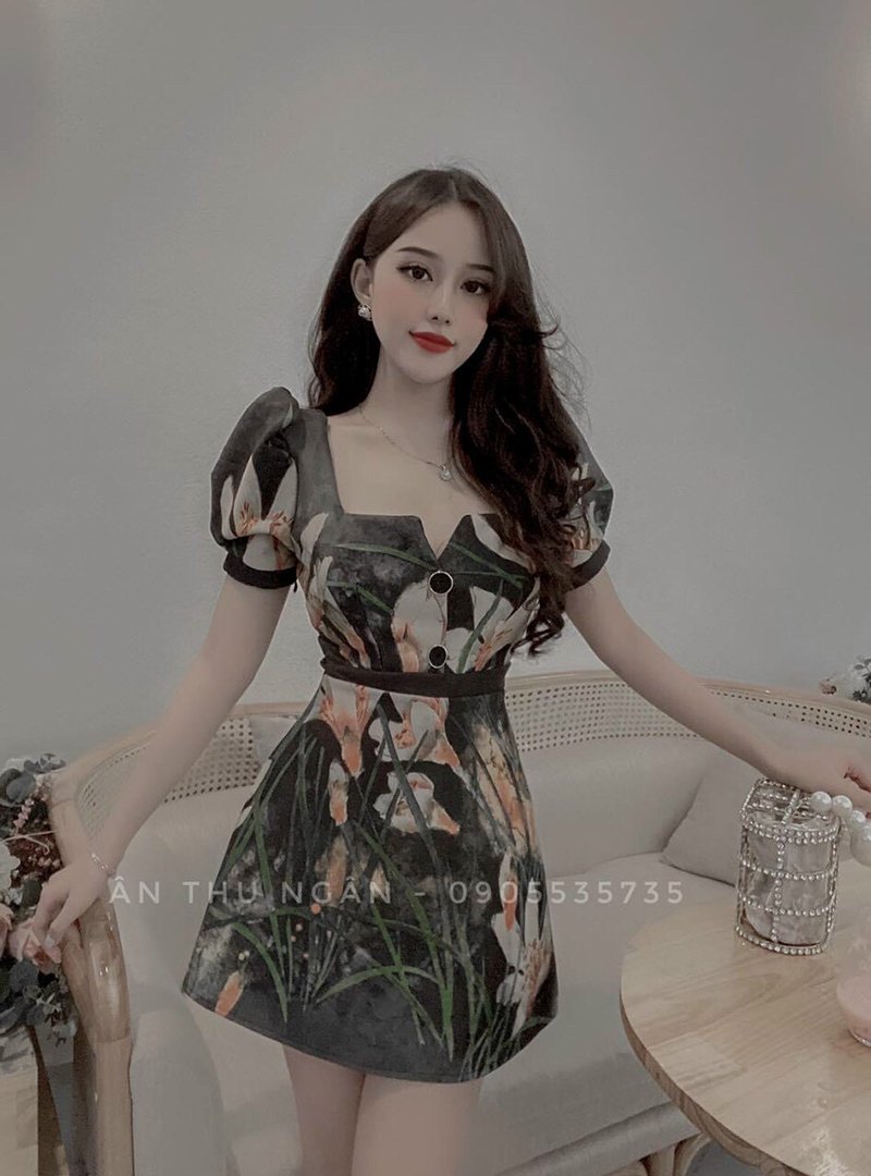 Đầm Váy Nữ Dự Tiệc Thời Trang Havana, Kiểu Xòe Tay Phồng Cúc Giả, In Họa Tiếc Ziczac, Chất Liệu Cotton Hàn, Onesize Từ 42 - 52Kg