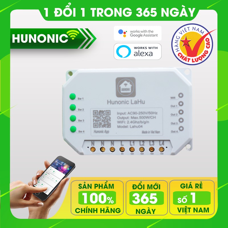 Công tắc thông minh phần mềm Tiếng Việt Hunonic Lahu 4 kênh hỗ trợ Google Assistant . Công tắc cảm ứng WIFI kính cường lực- Công tắc điện 2 màu đen trắng Hàng Việt Nam Chất Lượng Cao- BH 12 tháng