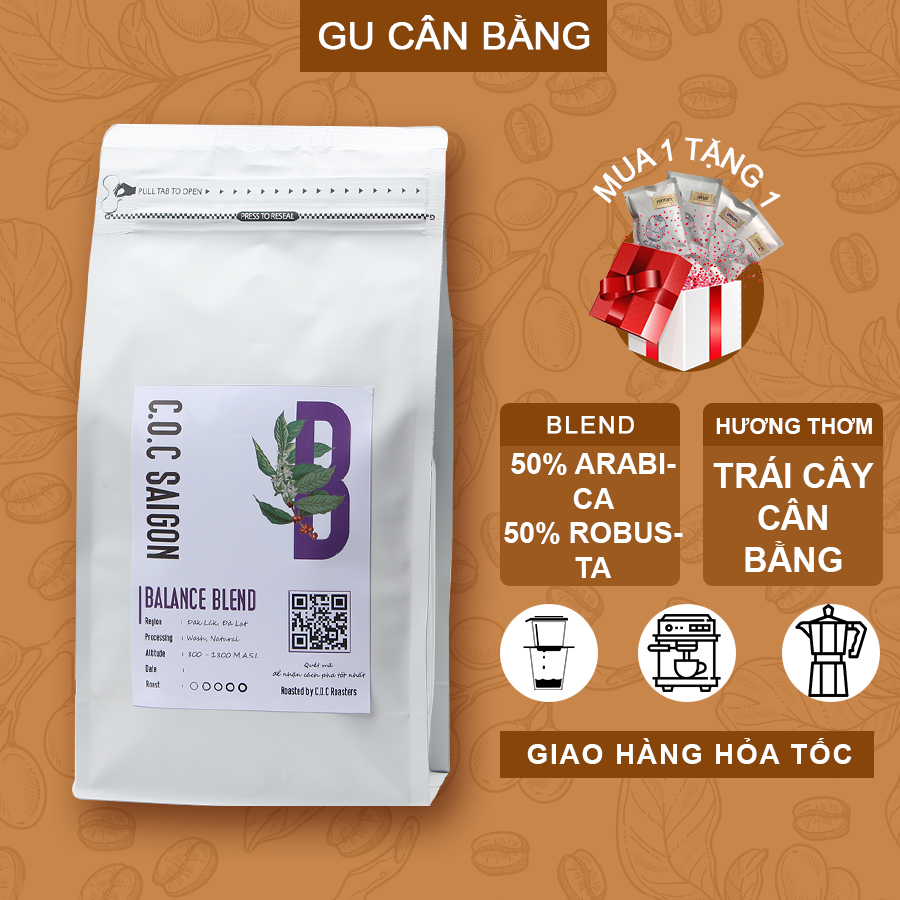 Balance Blend Cà phê nguyên chất Arabica & Robusta đặc biệt rang mộc gu cân bằng pha phin, pha máy C.O.C Saigon