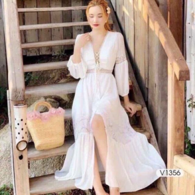 Váy maxi trắng tay ren