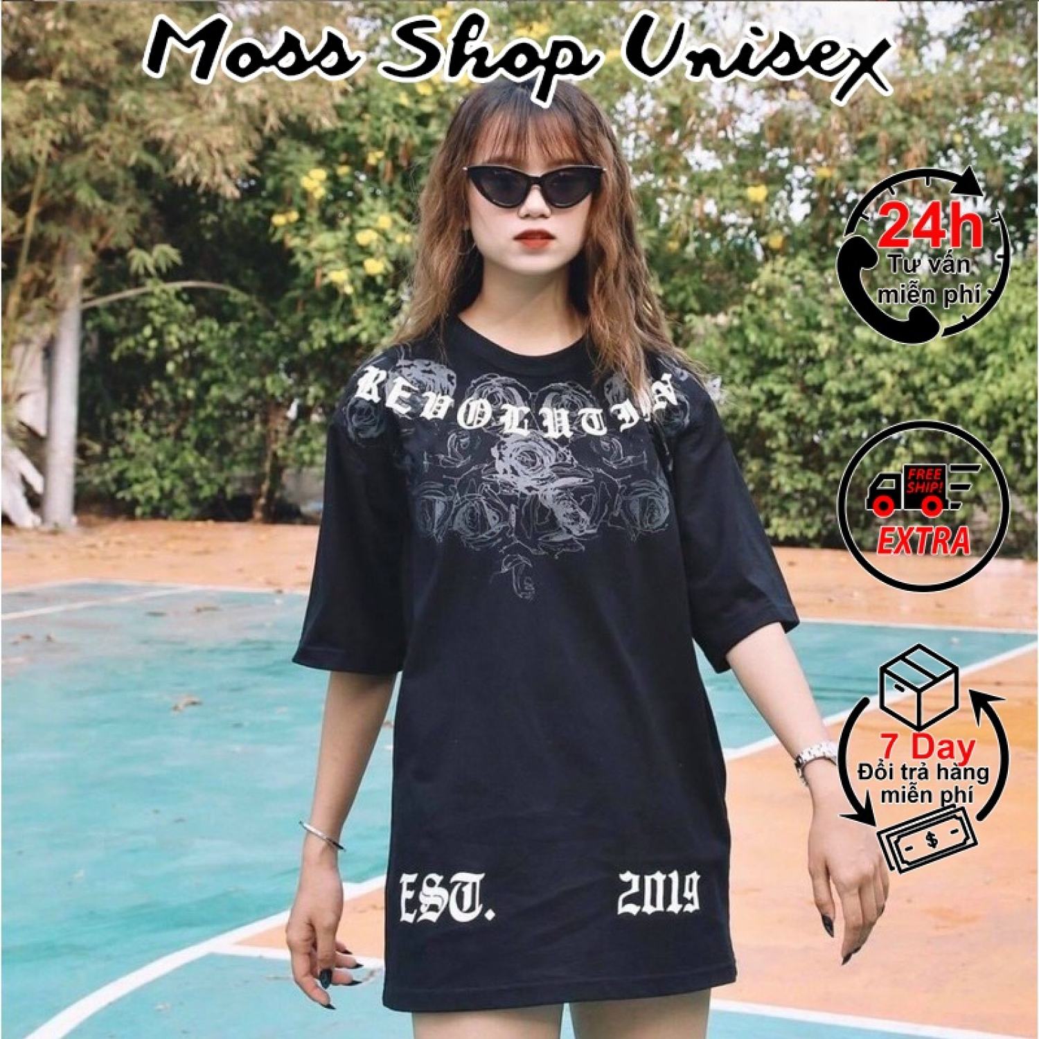 Áo thun tay lỡ Mikenco hoa hồng đen MOSSSHOP - Áo phông nam nữ phong cách hàn quốc ulzzang form rộng 65kg