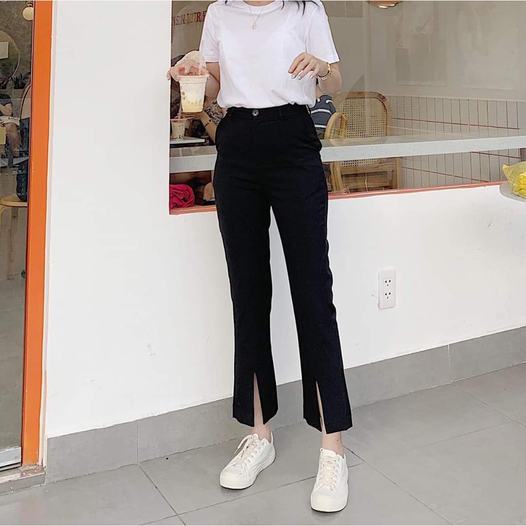 Quần ống loe lạp cao xẻ gấu, quần bò giấy xẻ gấu