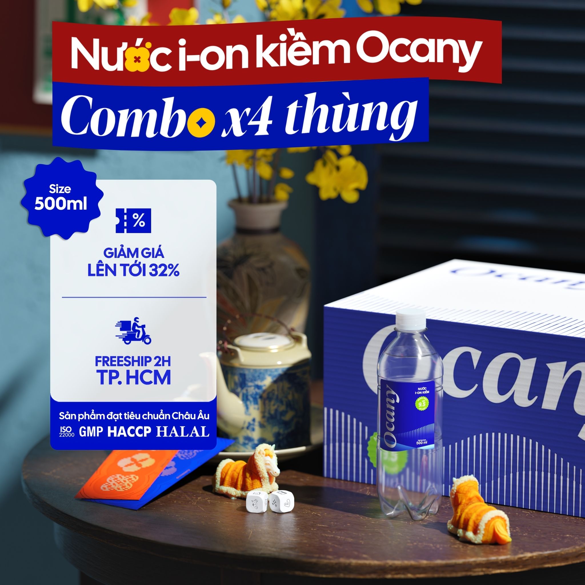 [Combo 4 Boxes] Box of 24 Bottles of Premium Ocany Alkaline Ionized Water Ph 9.5, 500ml Bottles Help Neutralize Stomach Acid