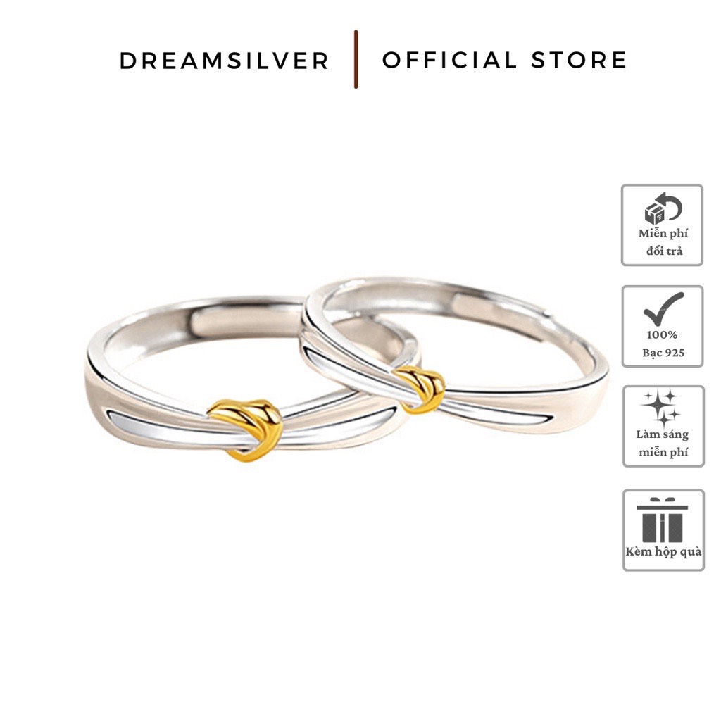 Nhẫn đôi bạc dreamsilver, nhẫn cặp heart knot chỉnh được size nd014