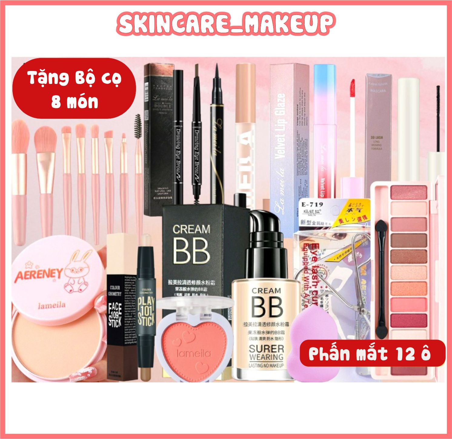 ( Tặng bộ cọ 8 món)Trọn bộ trang điểm 12 món đầy đủ cho người mới/ set trang điểm đầy đủ/ bộ makeup cá nhân
