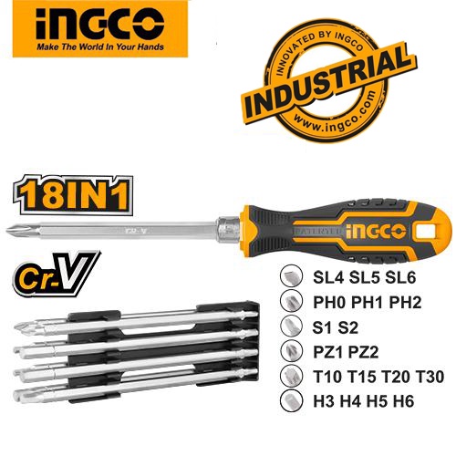 Bộ tua vít 18 đầu ingco akisd0181 bộ tuốc nơ vít 18 đầu, chất liệu thép cr-v, tay cầm hoán đổi dễ dàng