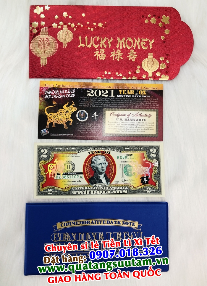 Tiền 2 USD Hình Con Trâu Mạ Vàng 2021; Màu: xanh; 15x6.5 (Dài x Rộng)-TMT Collection