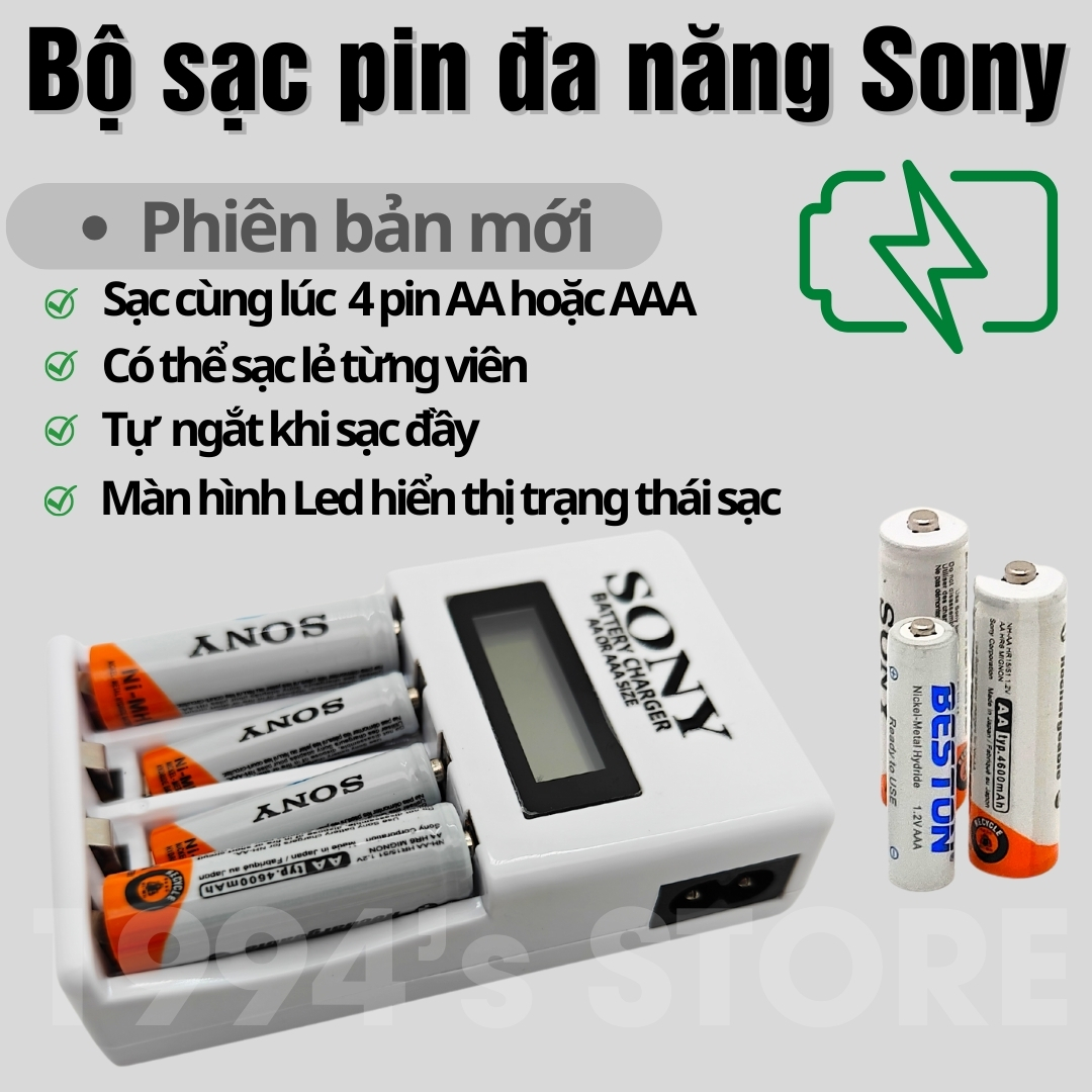 Dock sạc pin tiểu, pin đũa AA, AAA S.O.N.Y - Sạc nhanh cùng lúc 4 pin cho đèn Flash, đèn Led máy ảnh, Micro ghi âm, Karaoke