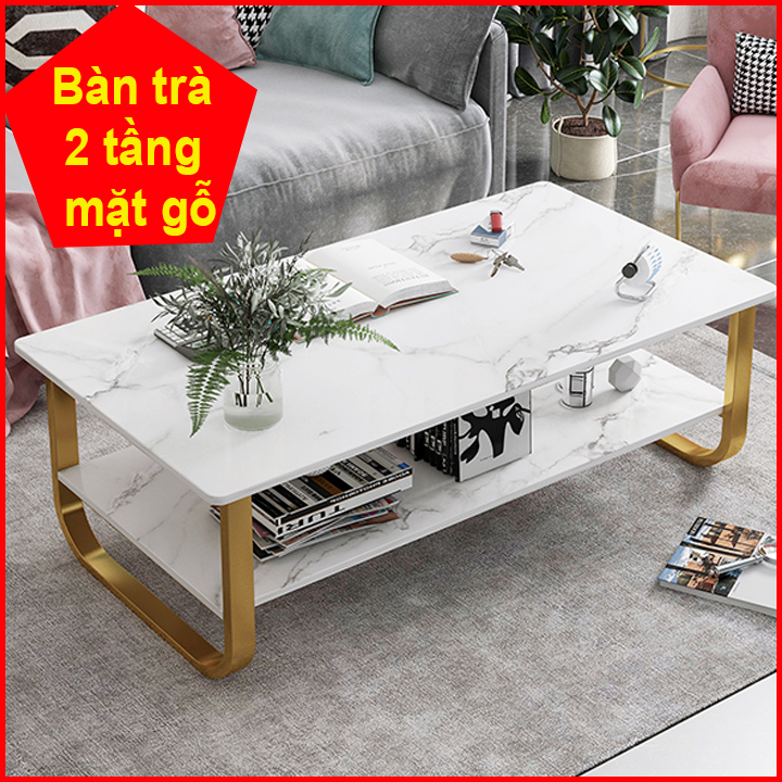 Bàn trà phòng khách 2 tầng, bàn trà sofa phòng khách họa tiết vân đá, bàn phòng khách, bàn uống nước phòng khách kt 100x60x42cm