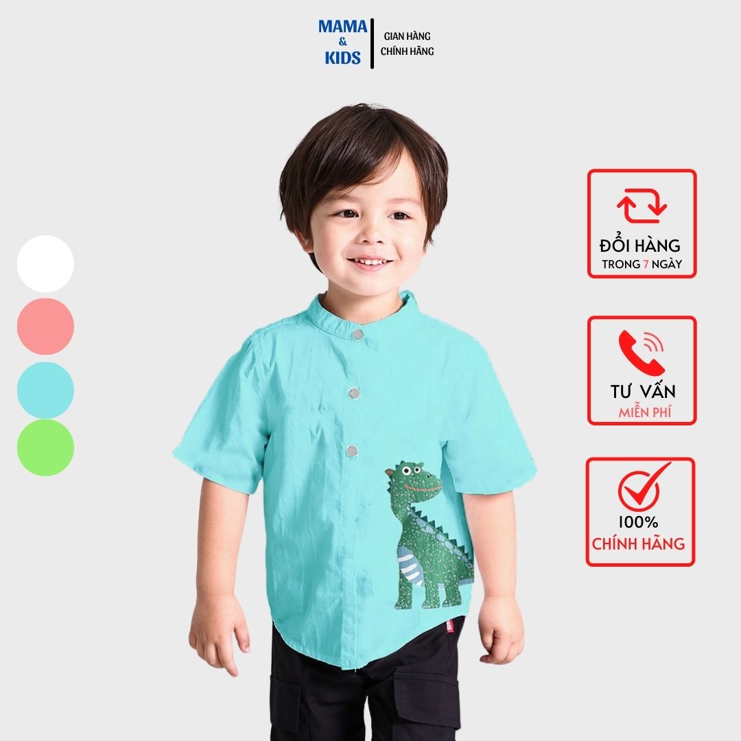 Áo Sơ Mi Bé Trai Hàn quốc MAMA & KIDS Cổ Tàu Tay Lỡ Vải Đũi thoáng mát họa tiết khủng long cho bé từ 10 đến 40kg đủ 4 màu