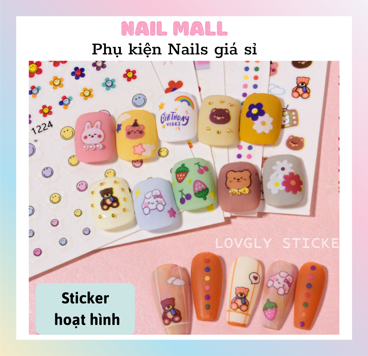 Sticker Dán Móng Cute Hoạt Hình Gấu, Thỏ Phong Cách Hàn Quốc HZ4749