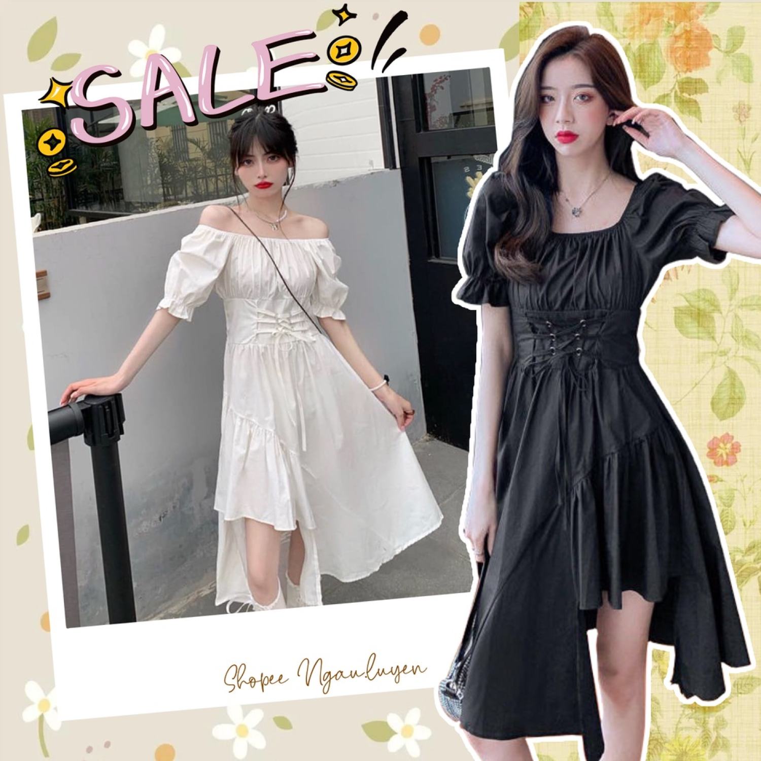 V019 Váy nữ dáng xòe xẻ chân thắt nơ eo tiểu thư, đầm dài dáng xòecổ vuông tay bồng đen trắng bánh bèo nữ tính