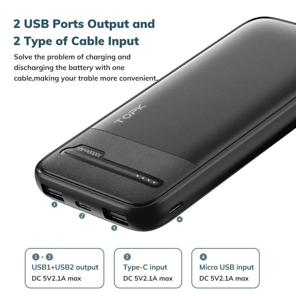 (Giảm Kịch Sàn) - Pin dự phòng sạc nhanh I1016 10W QC2.0 PD TOPK 10000mah Có IC Chống Quá Dòng Quá Tải - Hàng Chính Hãng 100%