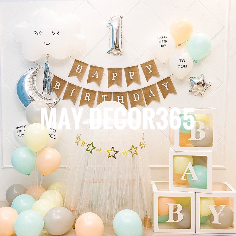 (NEW) SET BÓNG BAY TRẮNG CHỮ HAPPY BIRTHDAY , CỜ GIẤY HAPPY BIRTHDAY +TẶNG 1 BƠM TAY