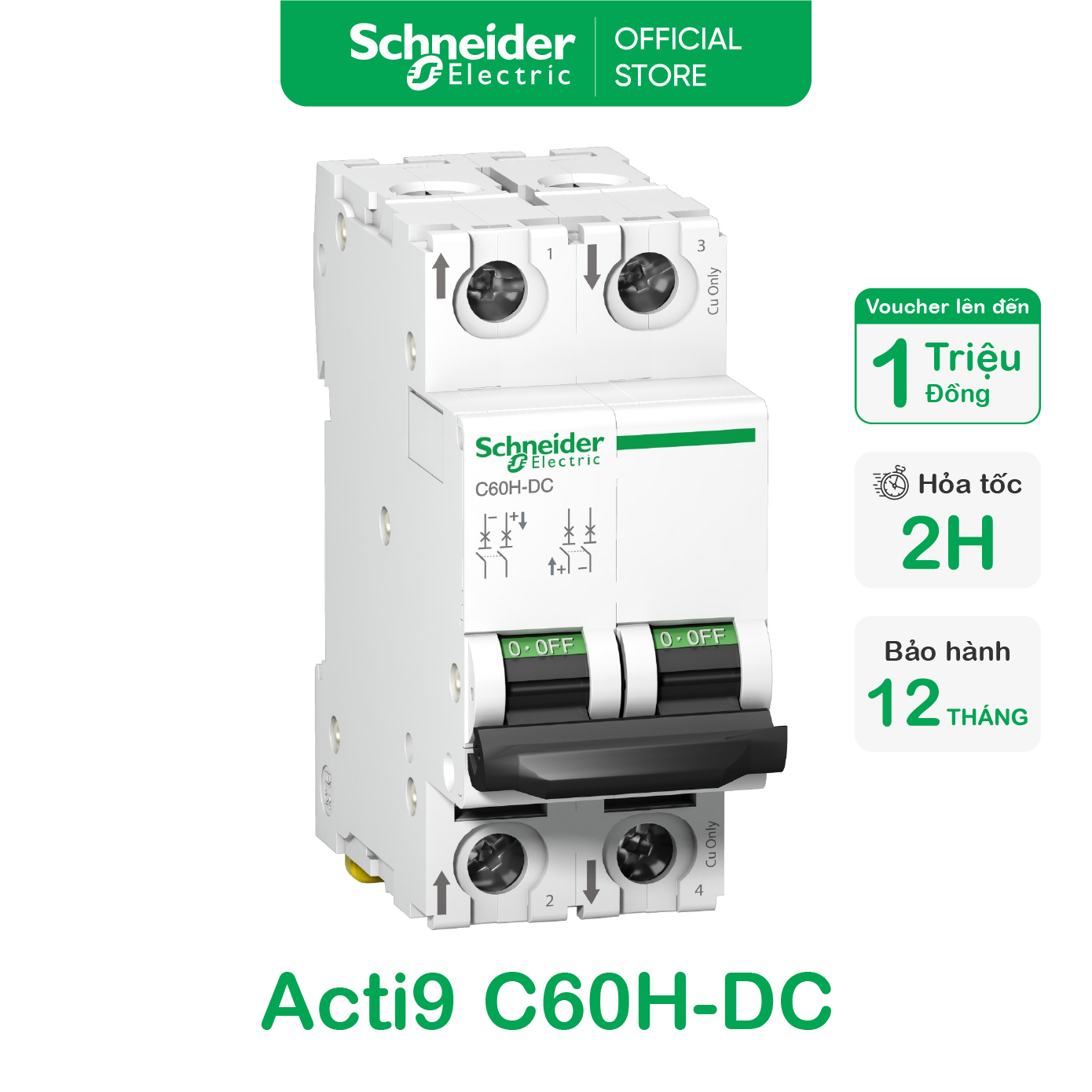 Cầu dao tự động MCB Acti9 C60H-DC - 2P - 10kA - Schneider Electric - A9N61526 A9N61528 A9N61531 A9N61532 A9N61535 A9N61537