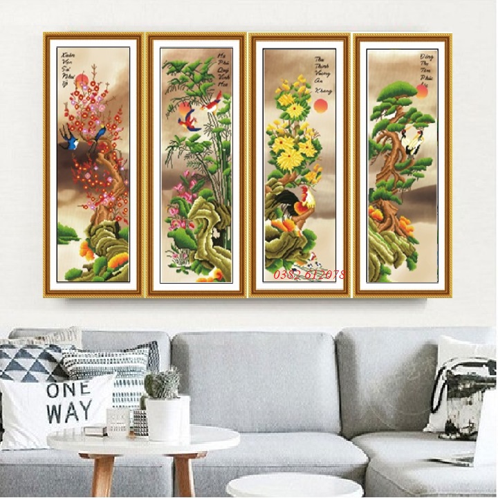 Tranh Thêu Chữ Thập 3D Tứ Quý Mai Trúc Cúc Tùng 127x78Cm (Tranh Chưa Thêu)