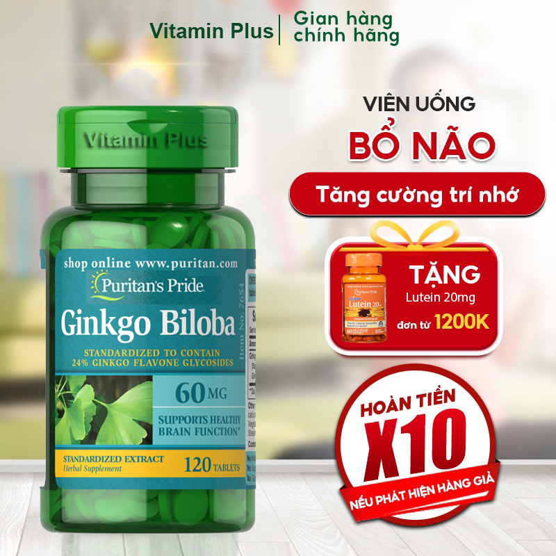Viên uống tăng cường tuần hoàn não, tăng trí nhớ, giảm đau đầu, hoa mắt, chóng mặt, ổn định tinh thần, Vitamin Mỹ Puritan's Pride Ginkgo Biloba 60mg 120 viên