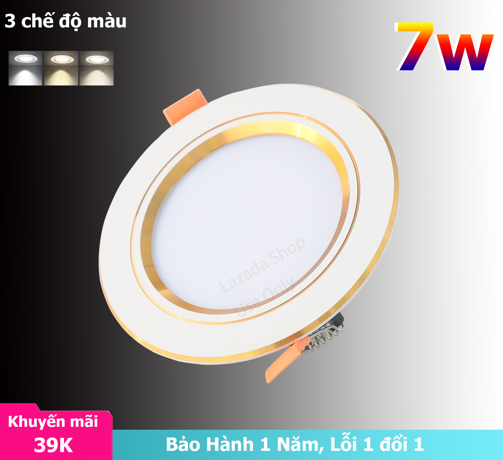 Đèn LED âm trần 7w, 3 chế độ màu viền vàng , viền bạc